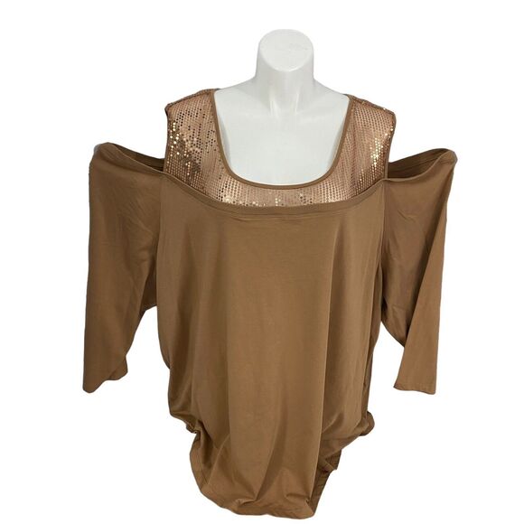 Denim 24/7 Top Womens 4x Brown Sequin Knit Shirt Cold Shoulder Office Casual - Picture 9 of 14